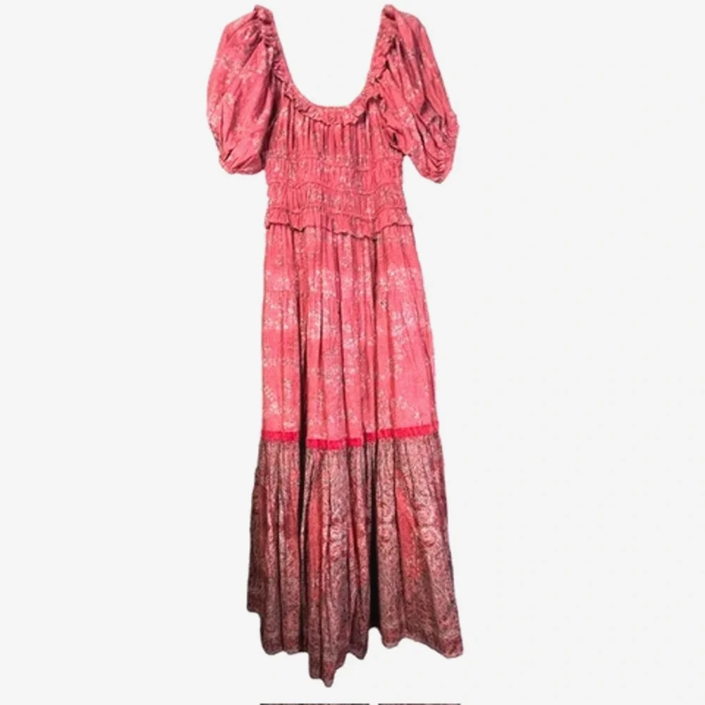 $255 Ro's Garden Percy Baltistan Ruffle Tiered Peasant Dress | Sz M, Pink - Picture 3 of 15